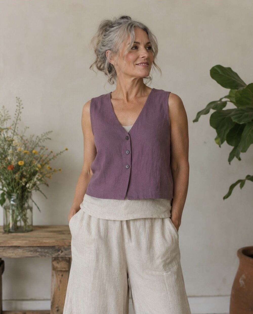 Gudrun Sjoden Esme 100% Organic Cotton Vest XXL Mauve Lagenlook Boho Cropped